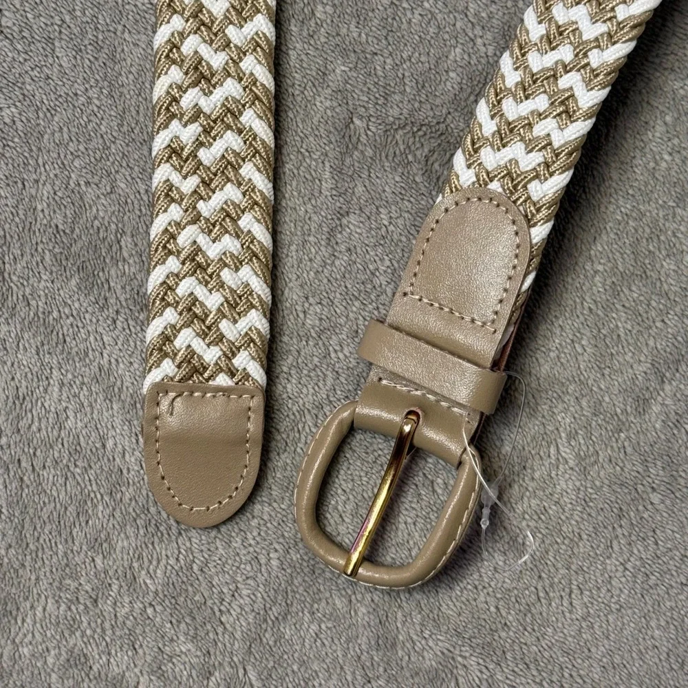 Braided Woven Belt Unisex Adult Size L XL Tan White Chevron Gold Buckle Nautical